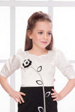 White & Black Contrast Dress with Floral Appliqué For Girls