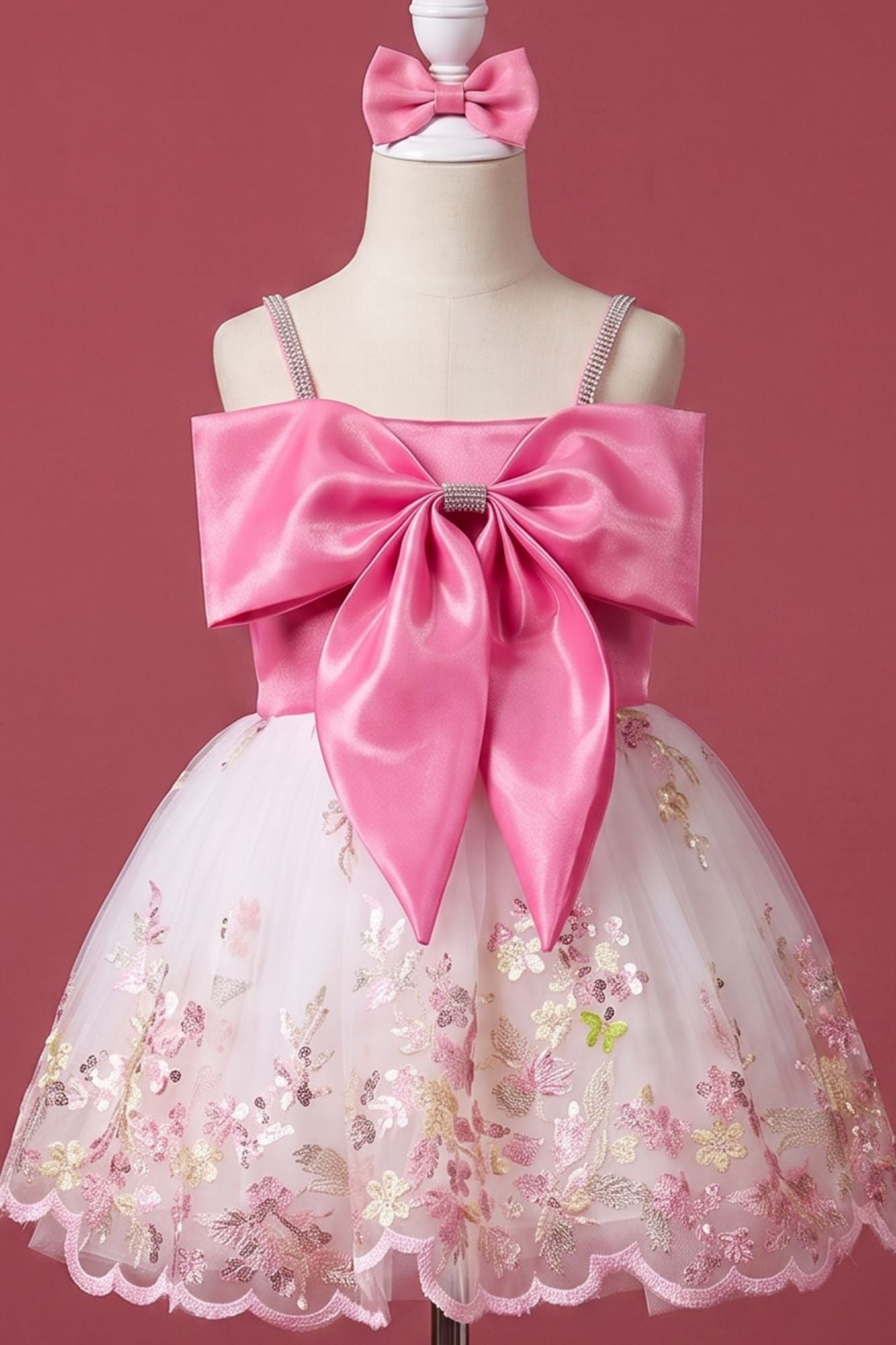 Pink Bow Embellished Party Frock with Floral Embroidery for Girls