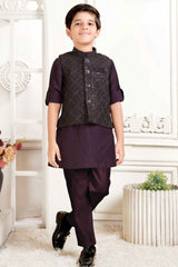 Wine Full Sleeves Kurta With Sequin Embroidered Waist Coat Set For Boys