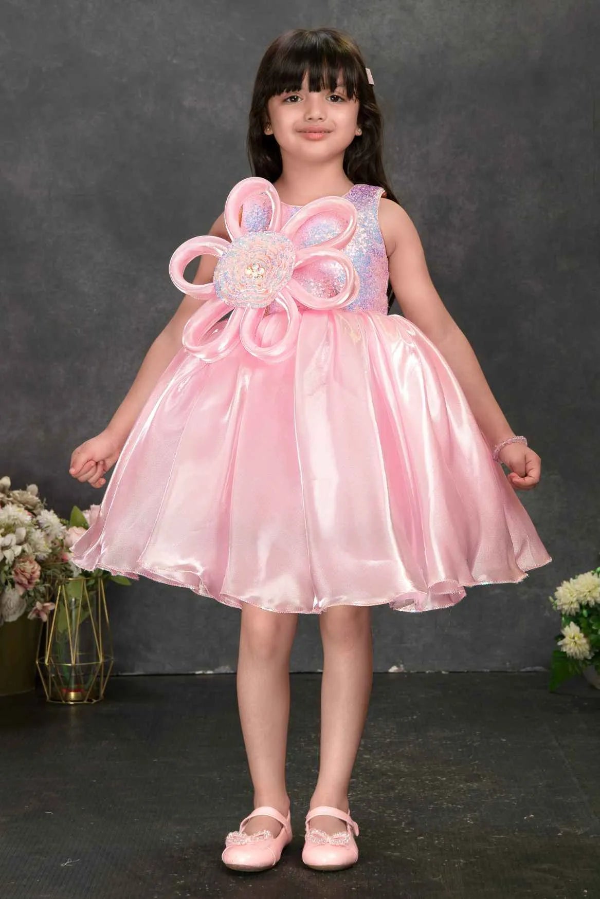 Pink Party Frock with Oversized 3D Flower Applique For Girls