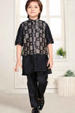 Black Embroidery Kurta Set With Waist Coat Set For Boys