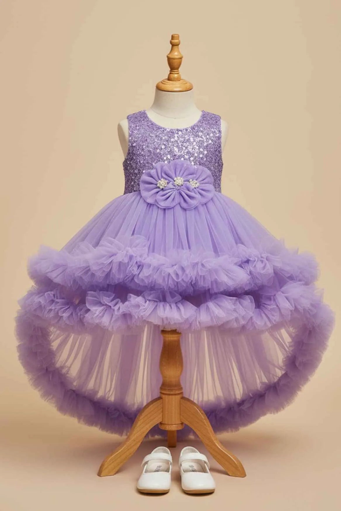 Purple Sequin Bodice High-Low Party Frock with Ruffle Layers For Girls