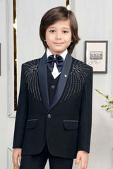 Navy Blue Bead Work Tuxedo With Pant And Waistcoat Set For Boys