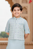Sky Blue Full Sleeves Kurta With Embroidered Waist Coat Set For Boys