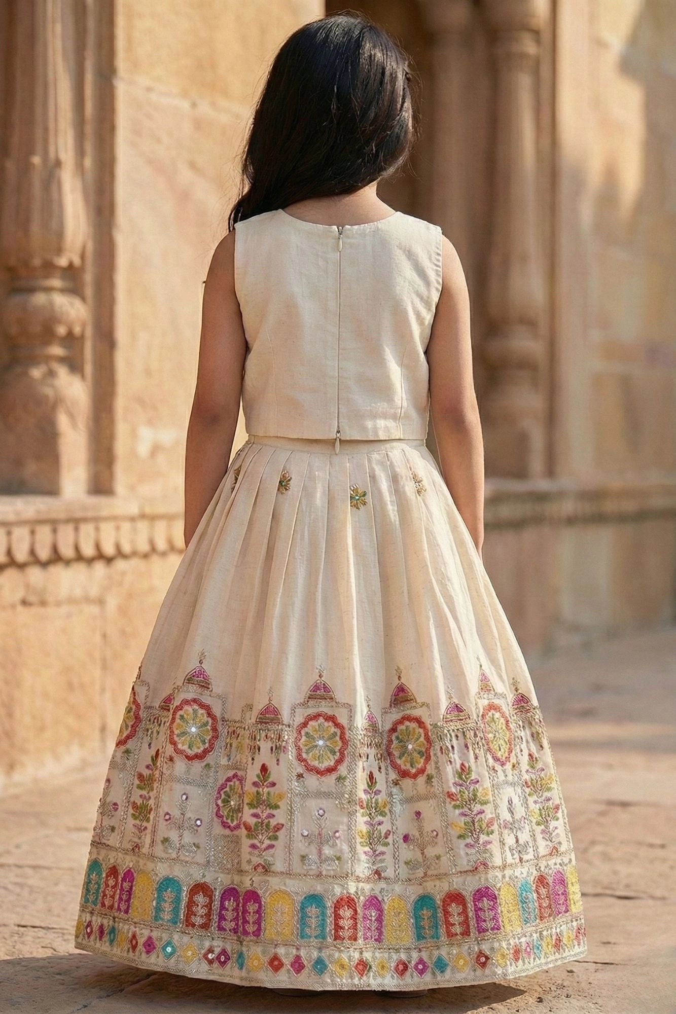 Elegant Cream With Multicolor Embroidered Lehenga Choli Set For Girls