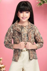 Fawn Western Palazzo With Calf Length Sleeves Printed Overcoat Set For Girls