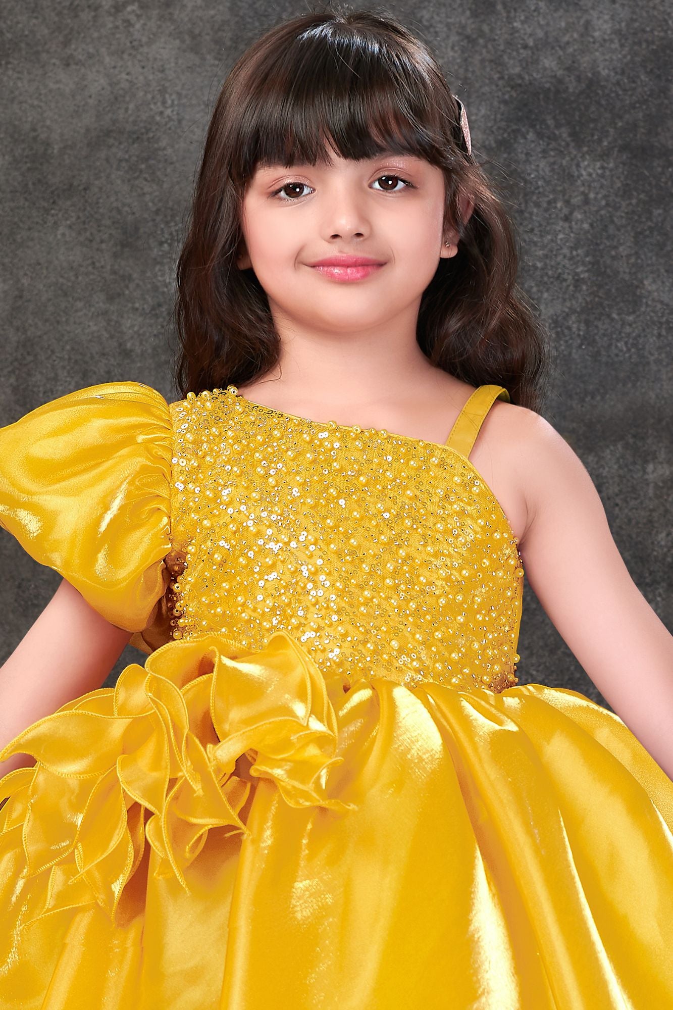 Yellow Party Wear Frock With Sequin Bodice And Statement Ruffle Detail For Girls