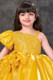Yellow Party Wear Frock With Sequin Bodice And Statement Ruffle Detail For Girls