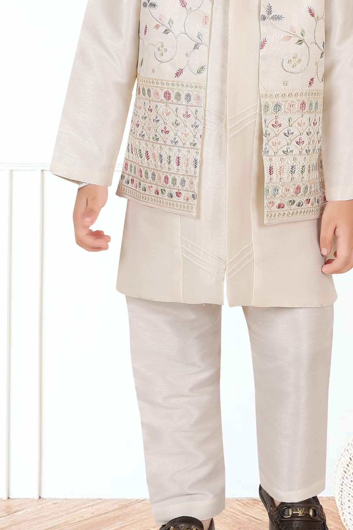 Cream Thread Embroidery And Sequins Work Kurta Set With Waist Coat Set For Boys