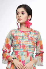 Cream Floral Printed Casual Dress For Girls