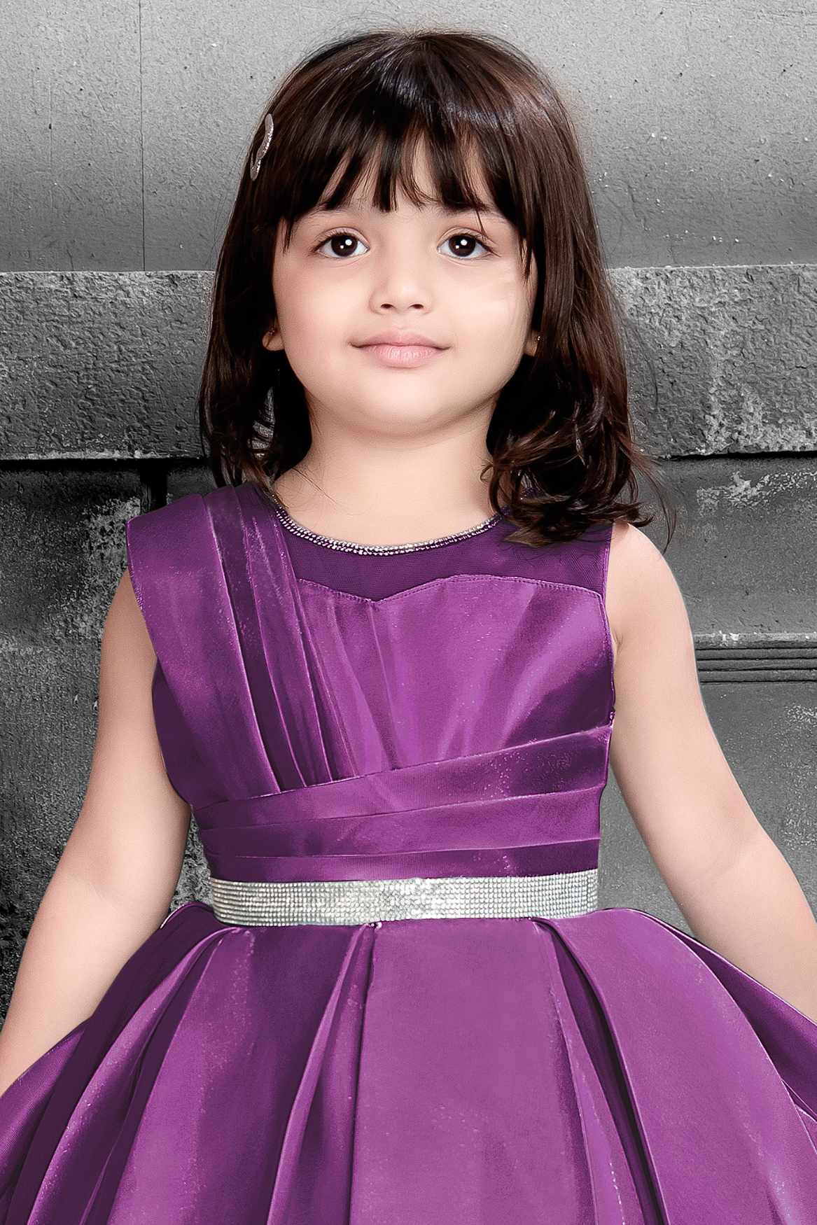 Purple Party Wear Frock with Pleated Skirt For Girls
