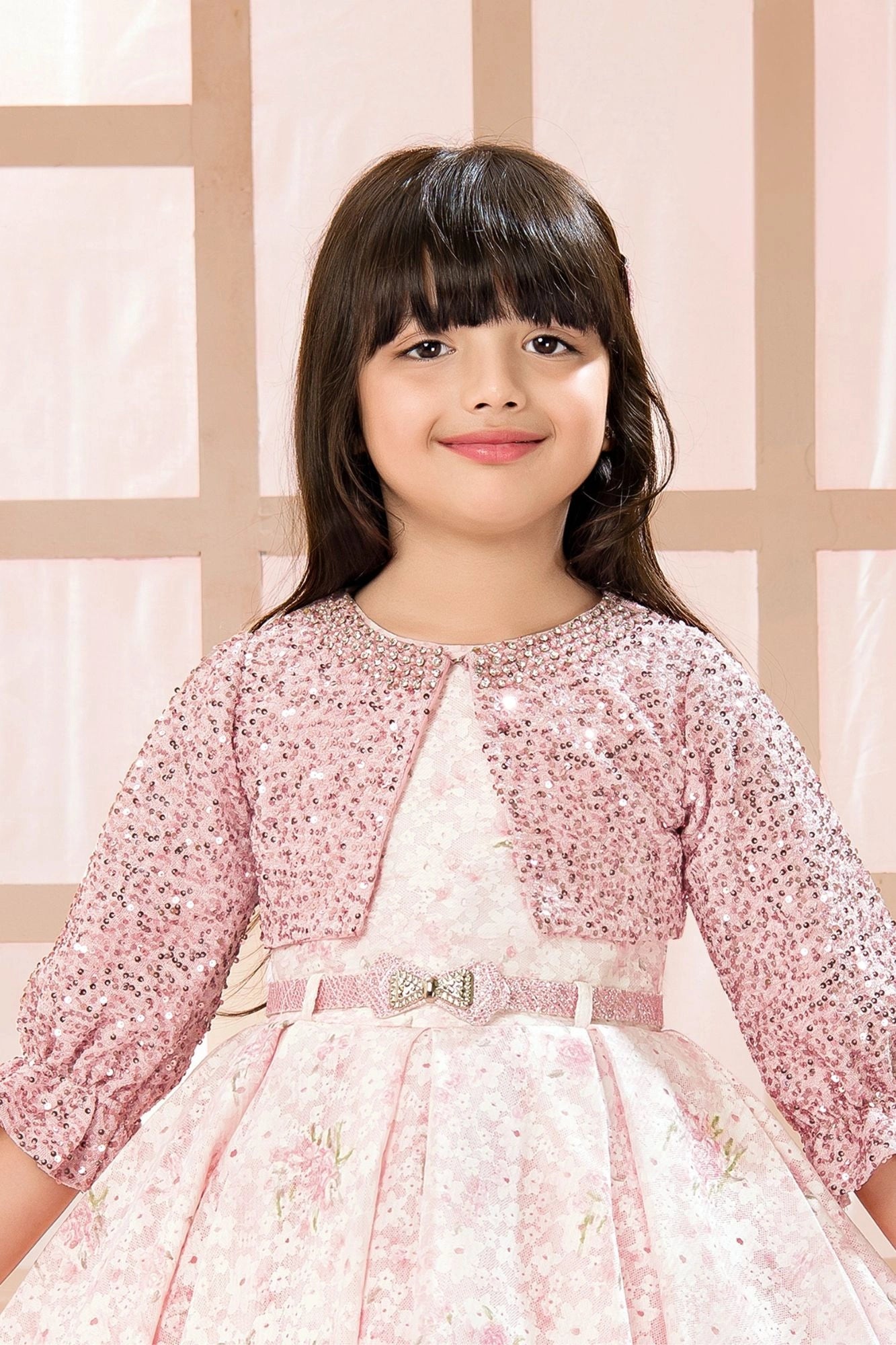 Elegant Pink Floral Printed Frock with Sequin Jacket For Girls
