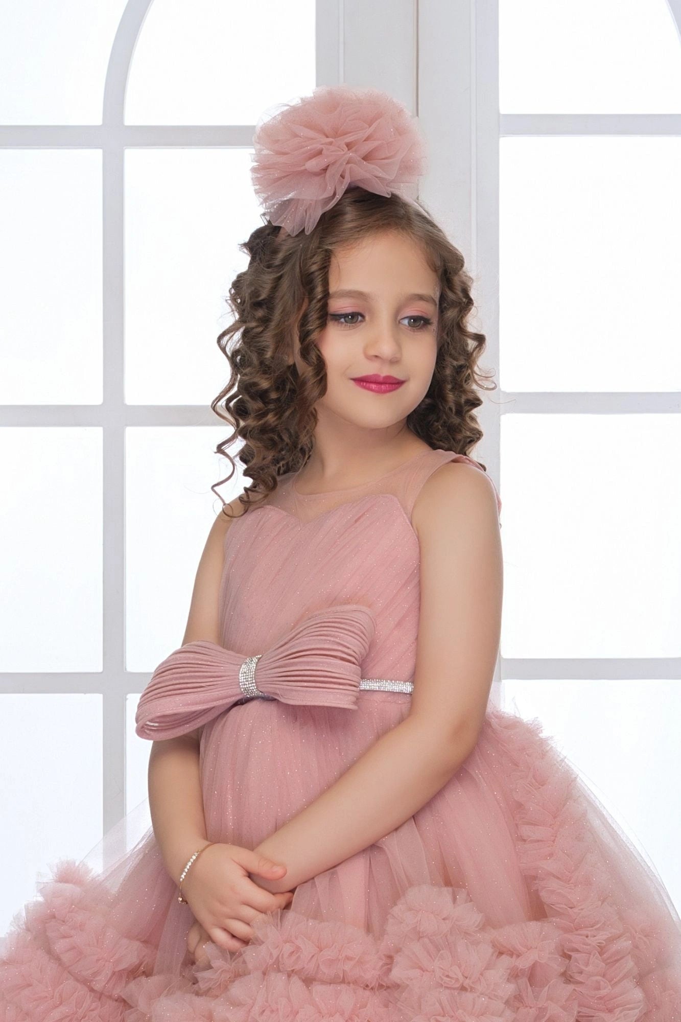Onion Pink High-Low Tulle Party Frock with Oversized Bow For Girls