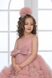 Onion Pink High-Low Tulle Party Frock with Oversized Bow For Girls