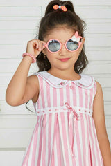 Pink Striped Casual Frock With Peter Pan Collar For Girls