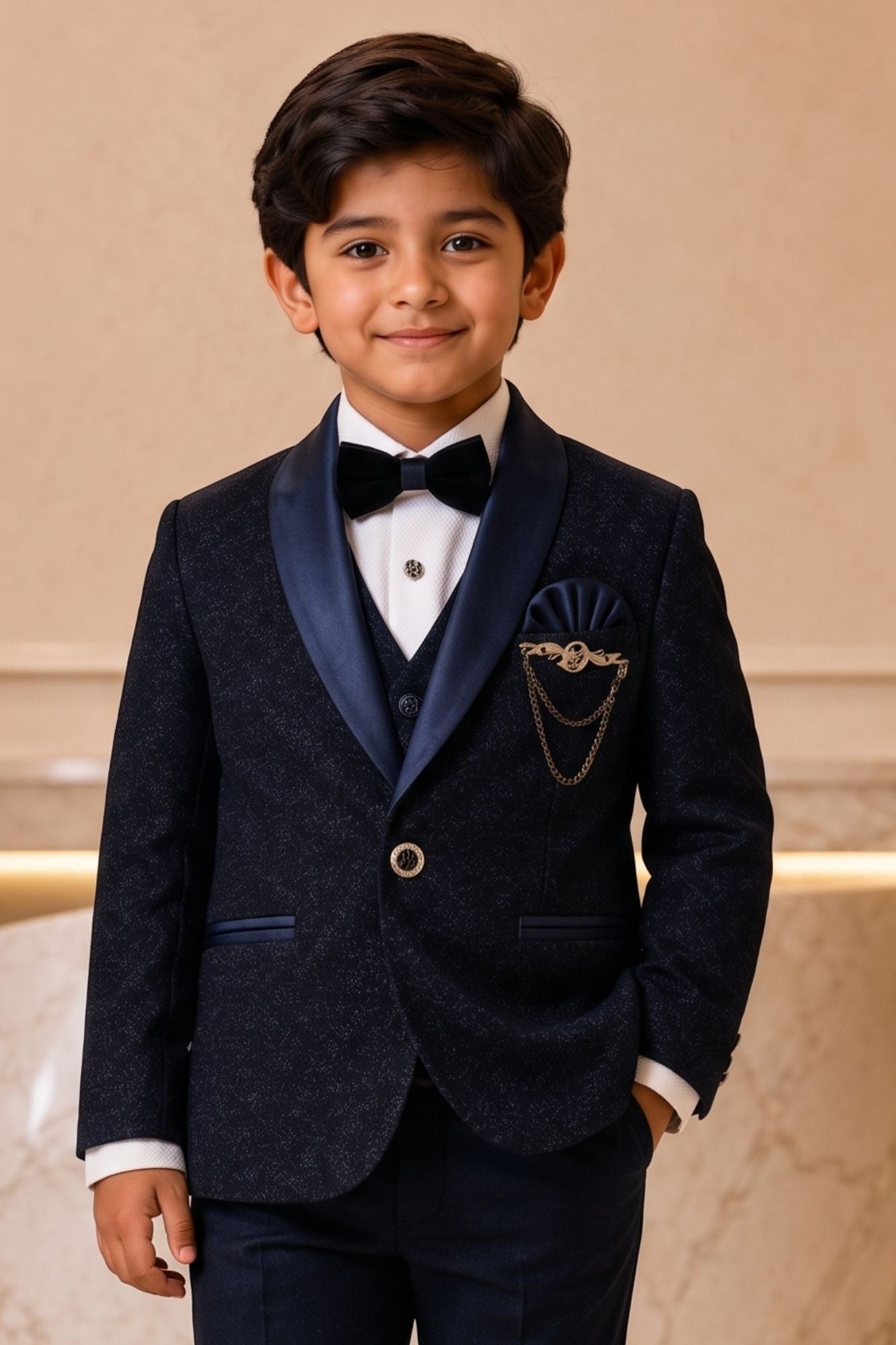Navy Blue Textured 5 Piece Coat Suit Set with Satin Shawl Lapel and Bow Tie