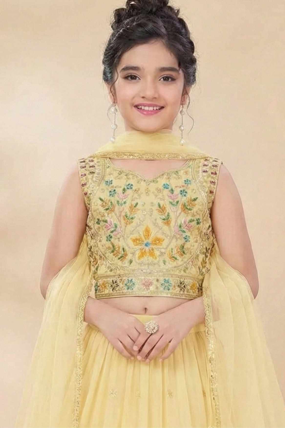 Cream Multicolor Embroidered Lehenga Choli For Girls