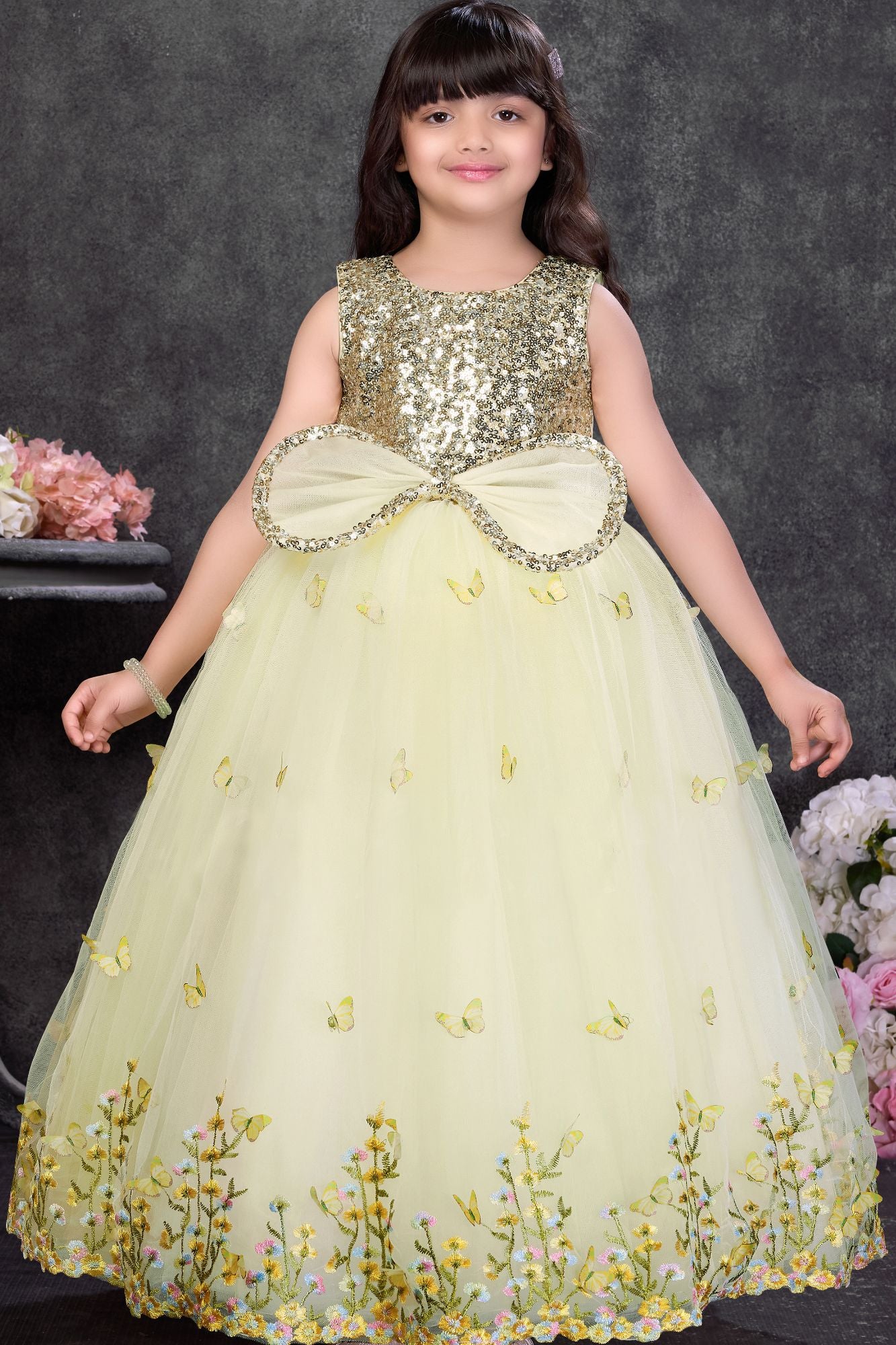 Yellow Butterfly Embroidered Party Wear Gown For Girls