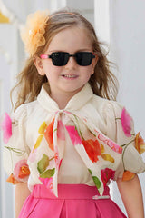 Pink Puffed Sleeves And Floral Embellished Top And Skirt Set For Girls