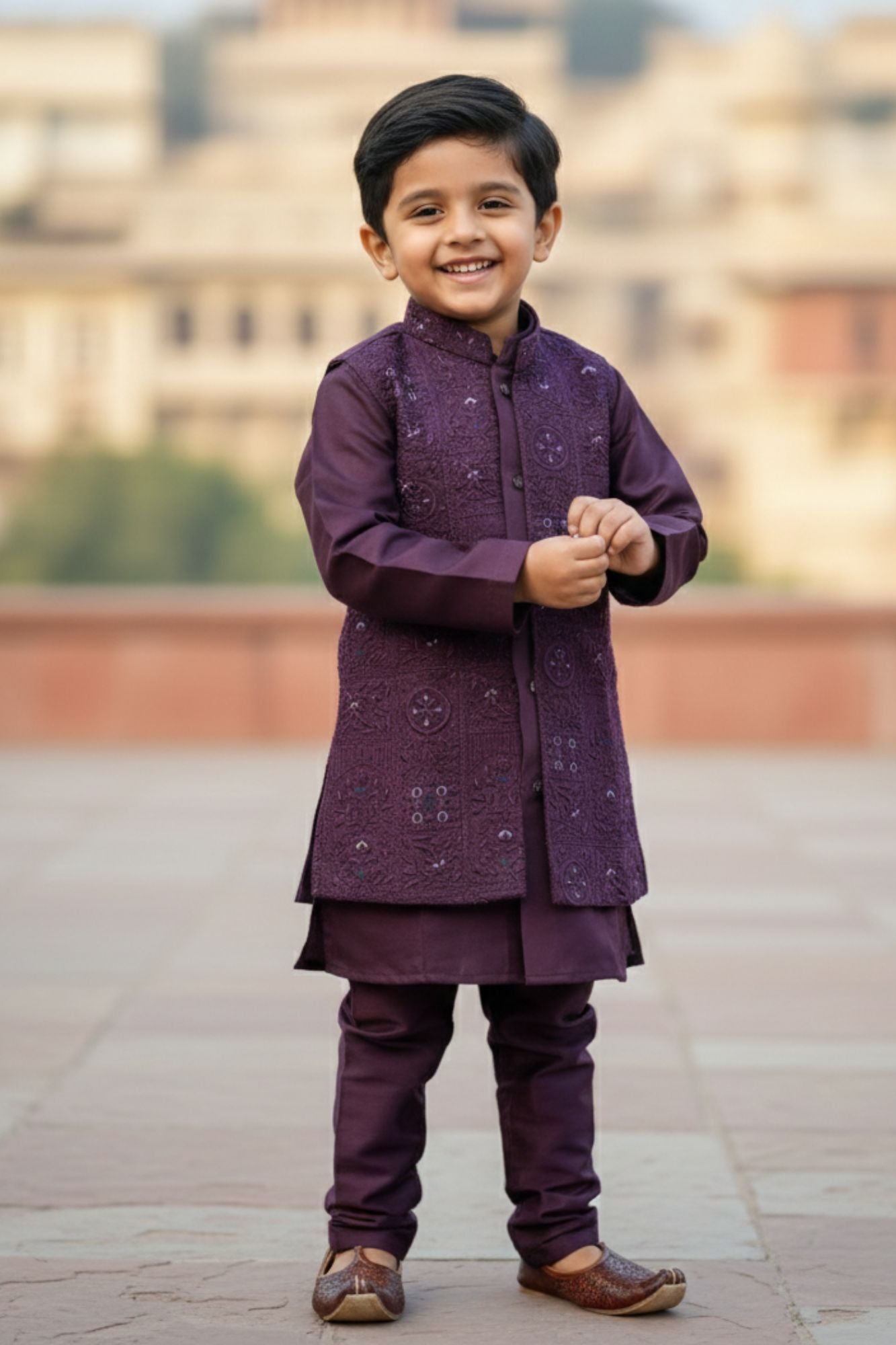 Wine Thread And Sequins Embroidered Sherwani Set For Boys