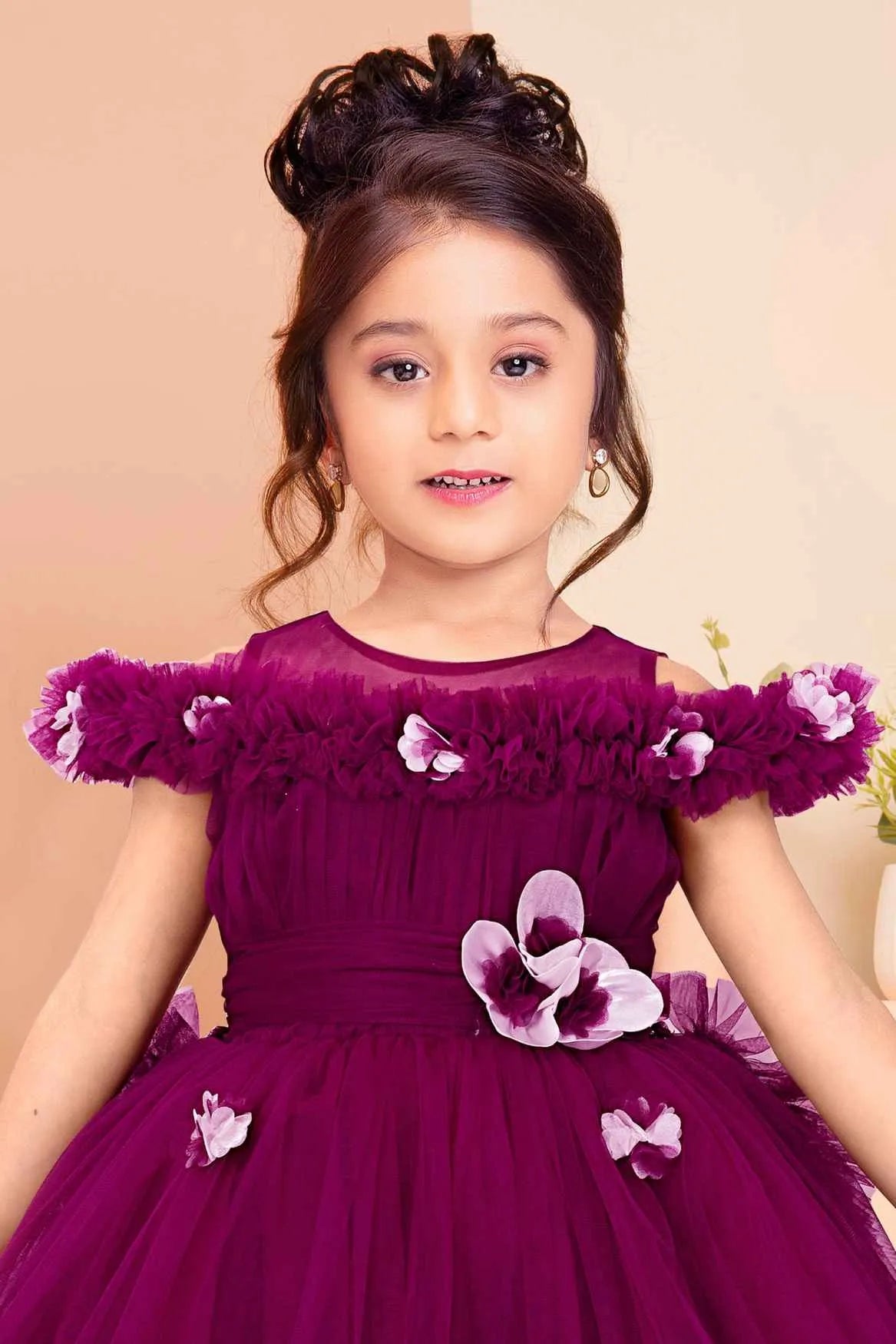 Charming Wine Ruffle Tailback Frock with Floral Embellishments For Girls