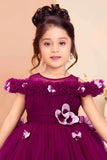 Charming Wine Ruffle Tailback Frock with Floral Embellishments For Girls