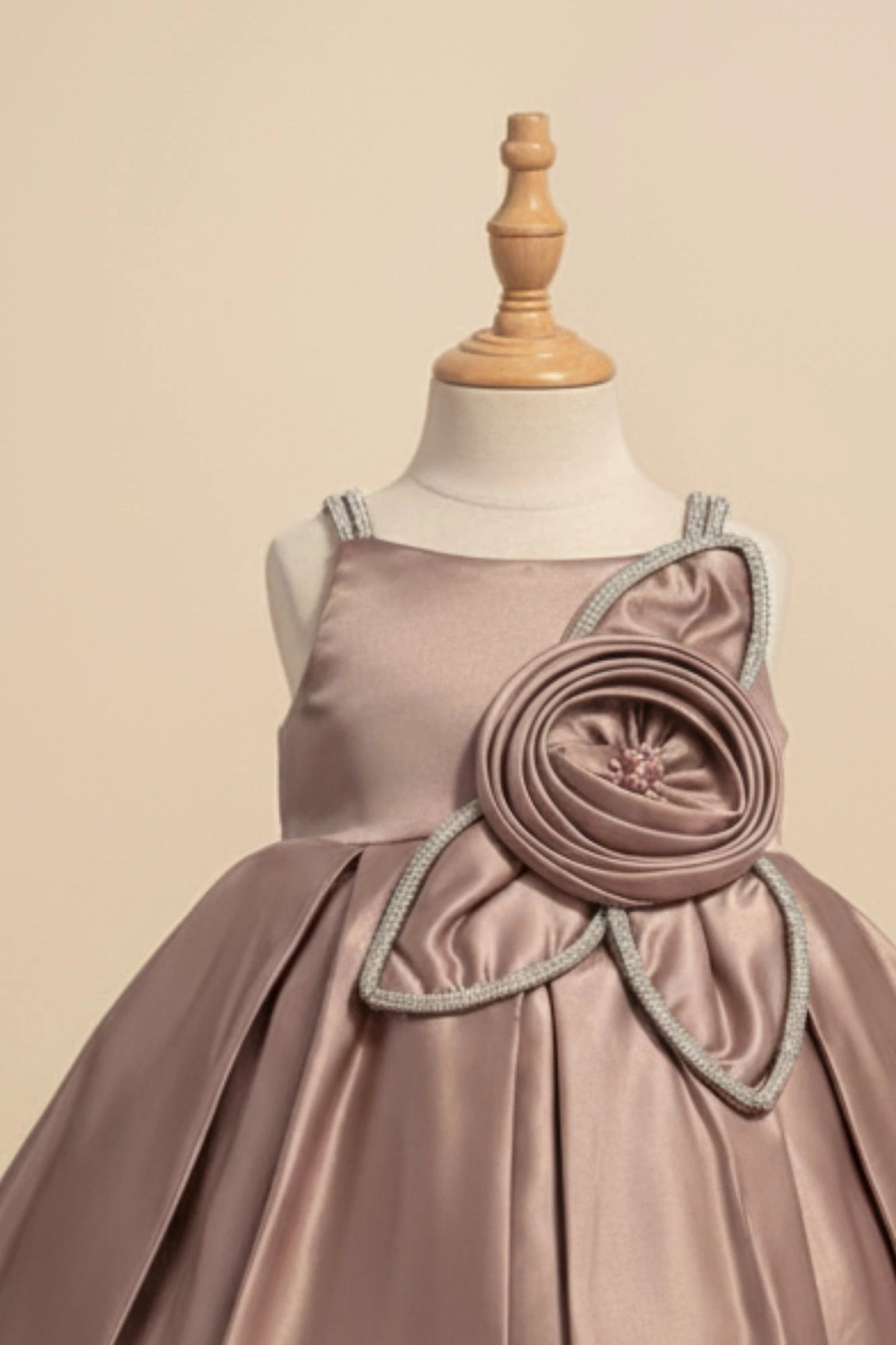 Copper Brown Party Frock with Floral Rosette and Embellished Strap Detailing For Girls