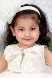 White Ruffle Party Tailback Frock With Sequin Work Oversized Bow For Girls