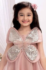 Peach Butterfly Embellished With Sequins And Pearl Work Gown For Girls