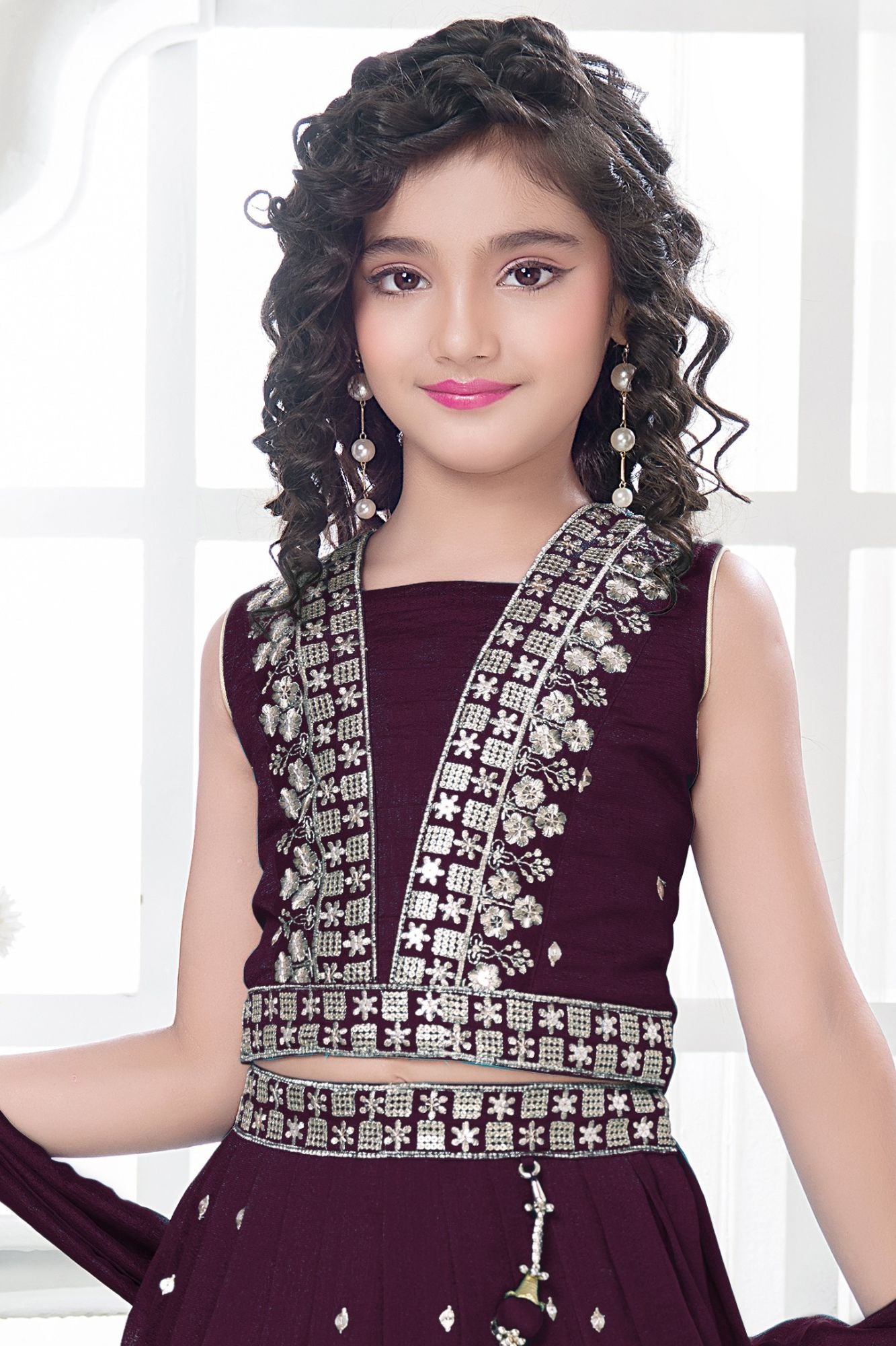 Wine Embroidered Lehenga Choli Set with Dupatta For Girls