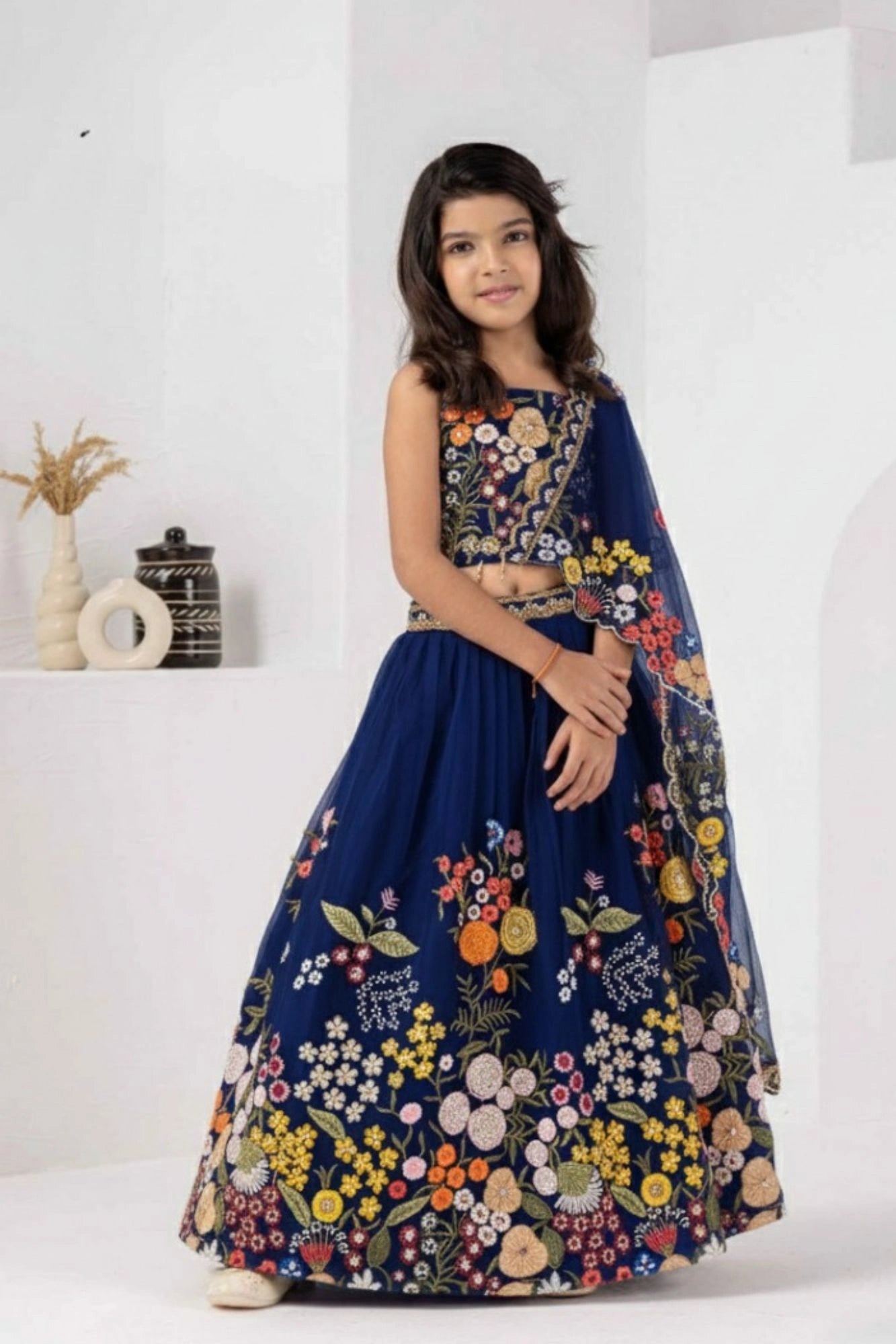 Elegant Navy Blue Embroidered Lehenga Choli with Dupatta For Girls