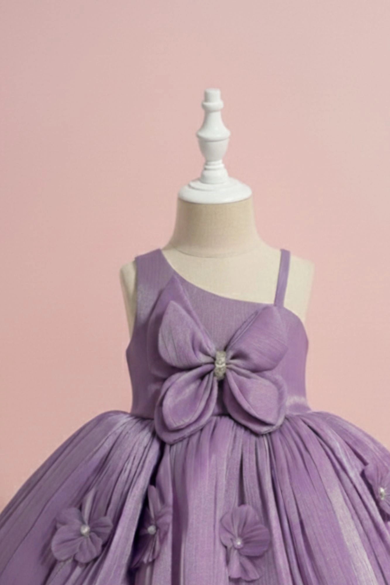 Lavender Party Wear Frock with 3D Floral Appliqué and Bow Accent For Girls