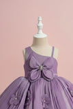 Lavender Party Wear Frock with 3D Floral Appliqué and Bow Accent For Girls