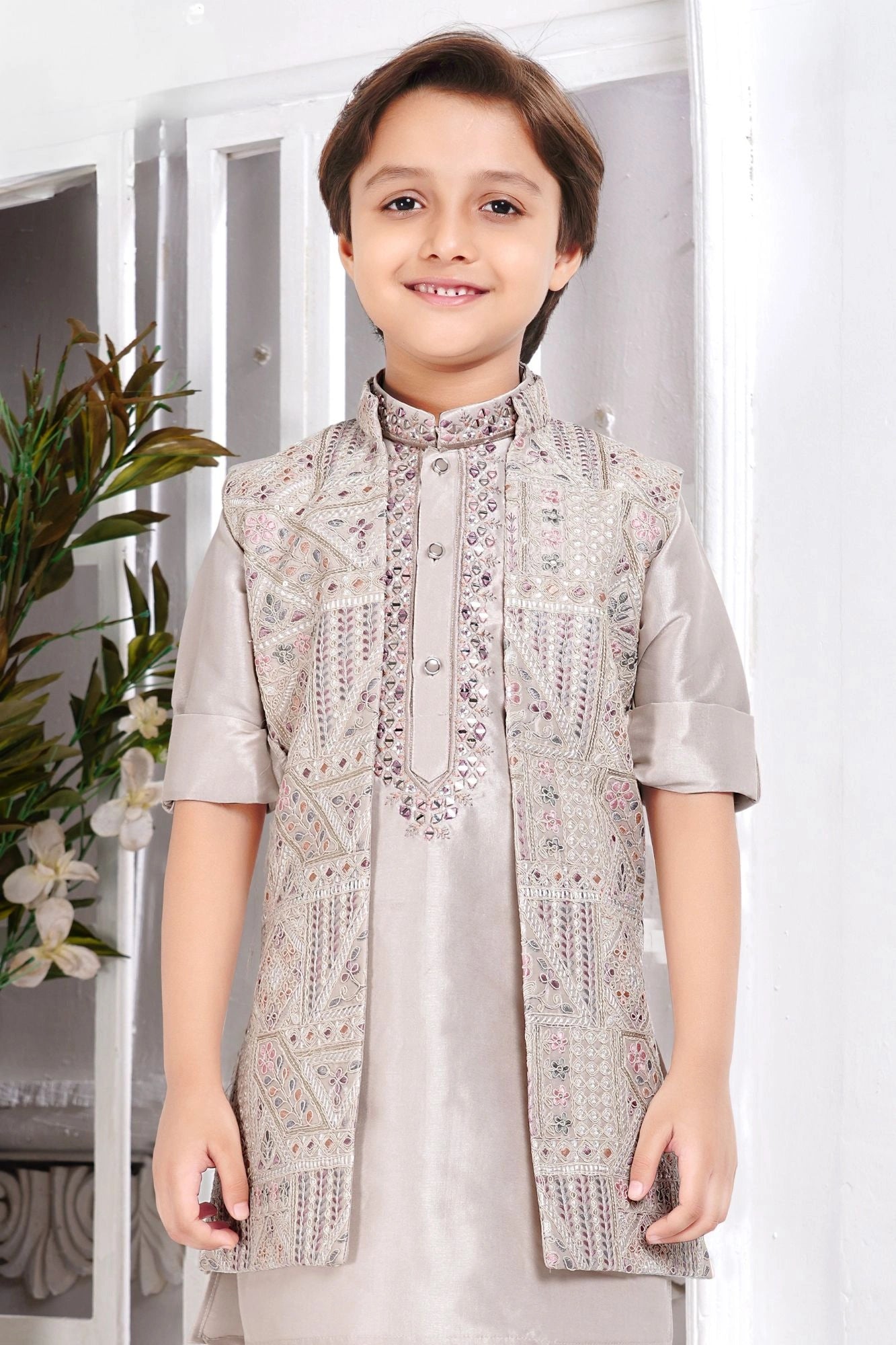Taupe Thread Embroidery Work Sherwani Set With Jacket For Boys