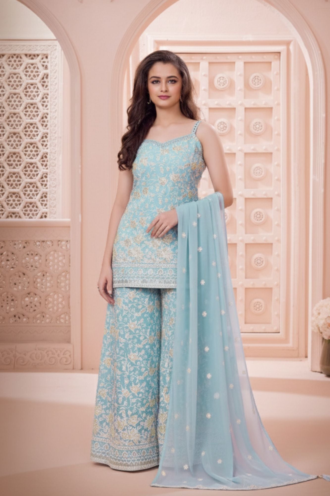 Sky Blue Embroidered Palazzo Set with Dupatta For Girls