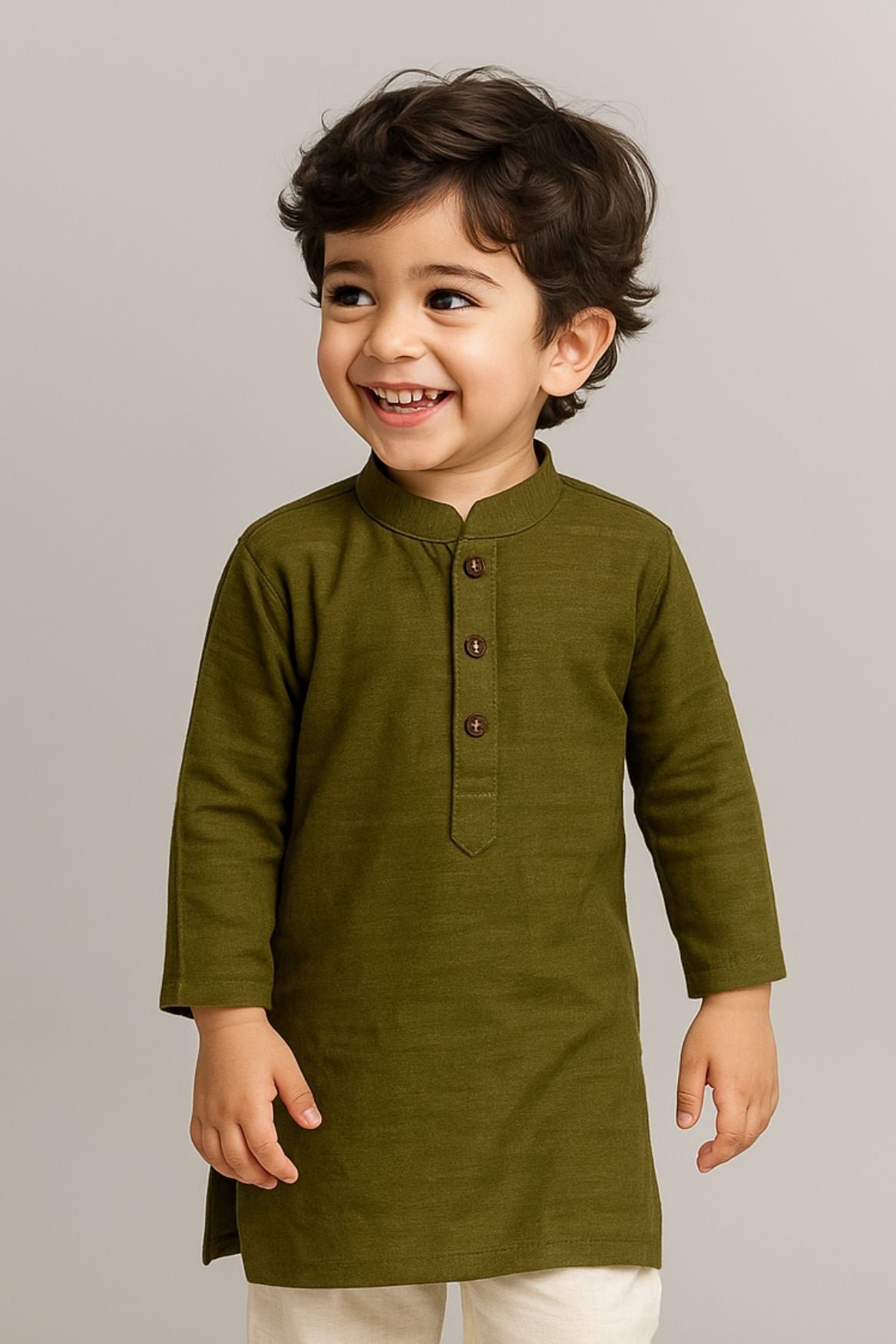 Olive Green Kurta Set With Off White Pants For Boys