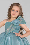 Sea Green Party Frock With Sequin Bow And 3D Flower Detail For Girls