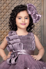 Designer Satin Purple Frock With Floral Embellishments For Girls