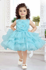 Blue Multilayered Frock With Floral Embellished For Girls