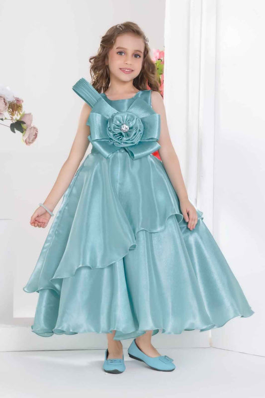 Sea Green Floral Embellished Party Wear Gown For Girls