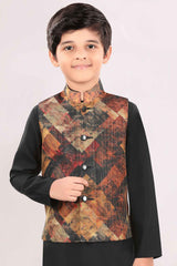 Black Full Sleeves Kurta With Printed Waist Coat Set For Boys