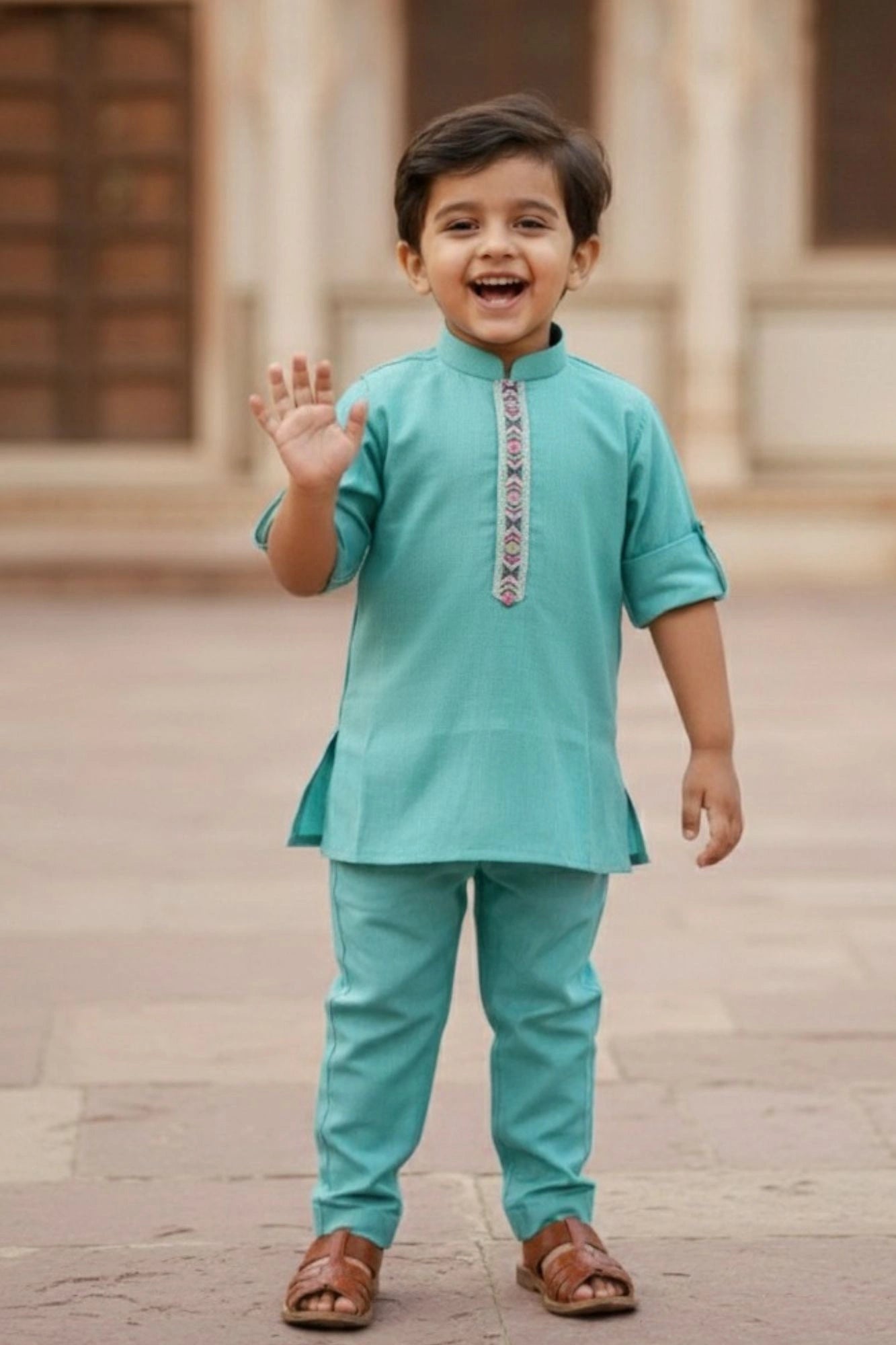 Teal Blue Embroidered Kurta Set with Nehru Jacket For Boys
