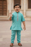 Teal Blue Embroidered Kurta Set with Nehru Jacket For Boys