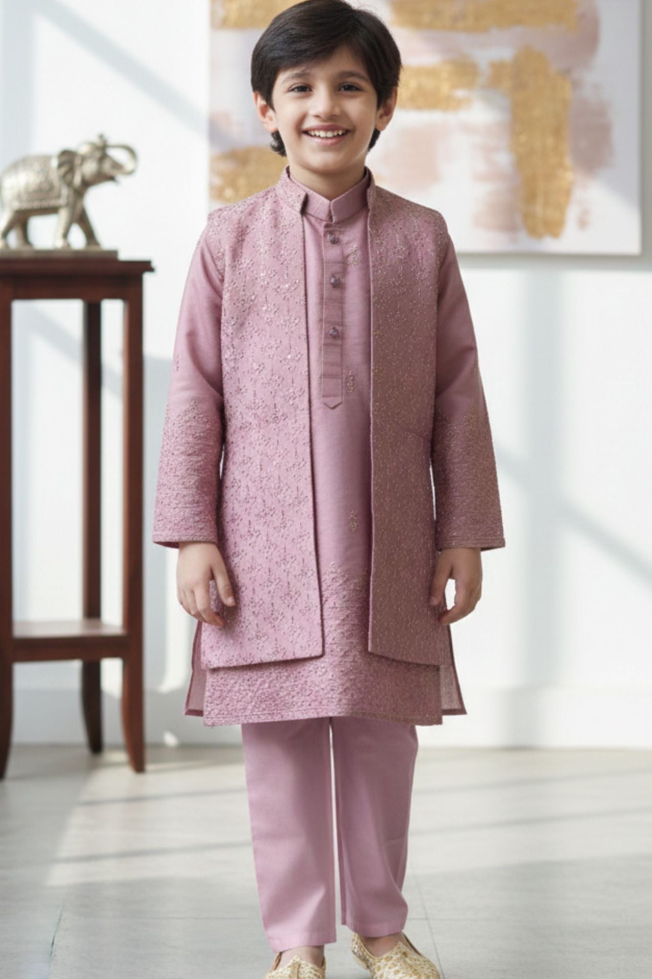 Onion Pink Embroidered Kurta Pyjama Set with Jacket For Boys