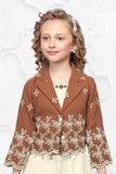 Brown and Cream Embroidered Wide Legged Pant Set With Jacket For Girls