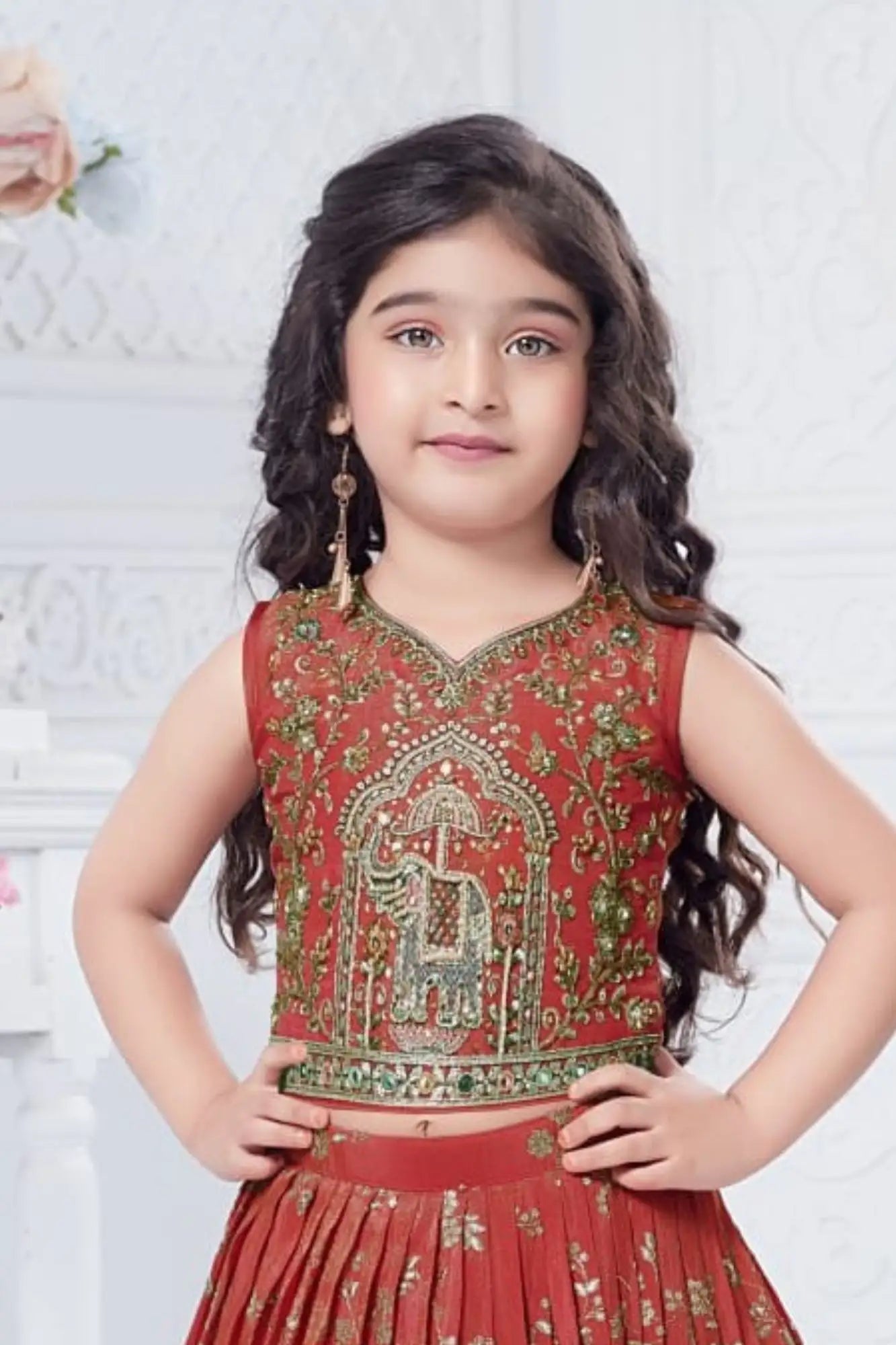 Rust Pink Elephant Motif Lehenga Choli with Regal Zari Embroidery