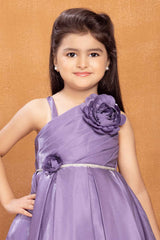 Lavender Satin Frock With Floral Embellishment For Girls