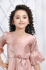 Peach Satin Frock With Floral Embellished For Girls