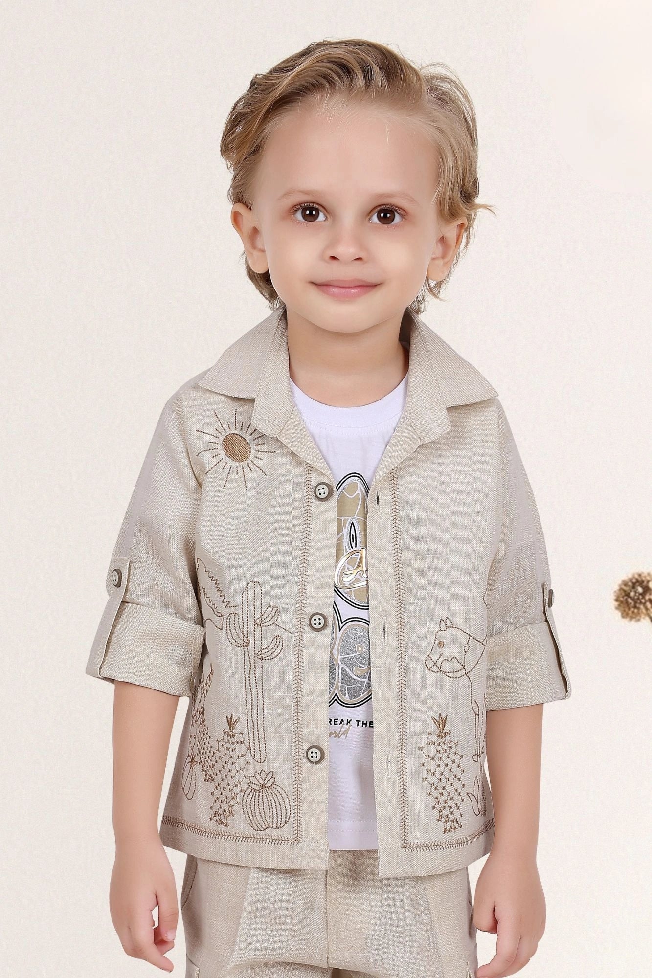 Stylish Beige Co-ord Set with Embroidered Jacket and T-Shirt For Boys