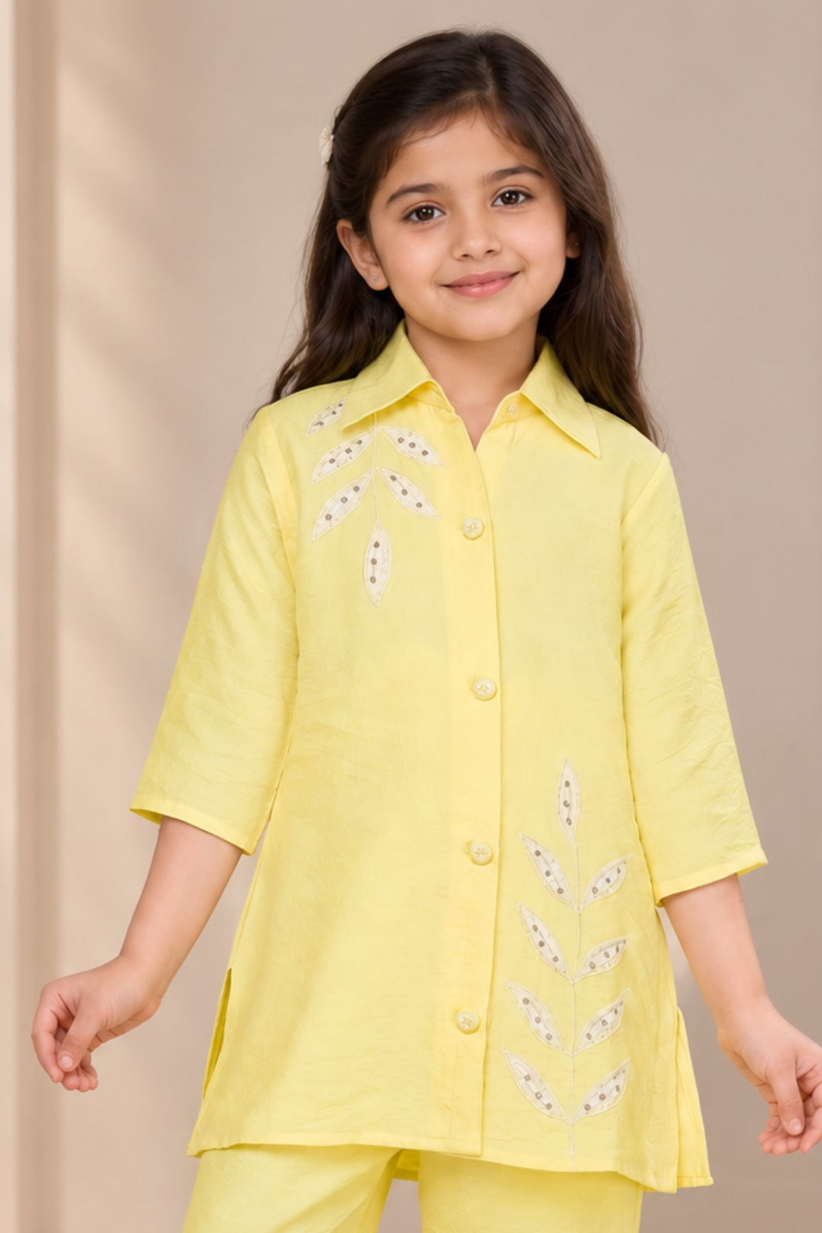 Lemon Yellow Embroidered Casual Co-ord Set for Girls